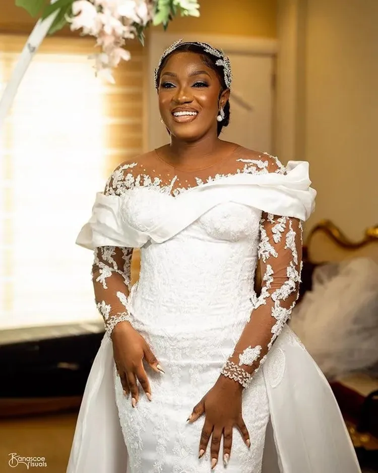 Customized Sheer Neck Shinny Beads Appliques Mermaid Bridal Dress Vestidos De Novia  Vintage  Wedding Gowns with Removable Skirt