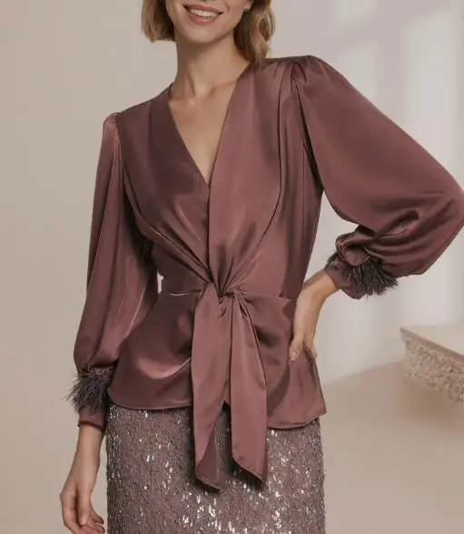 

Light Cooked Satin New French Design Strap Slim Fit Top Strap Waist Cinched Satin Shirt Women's Clothing