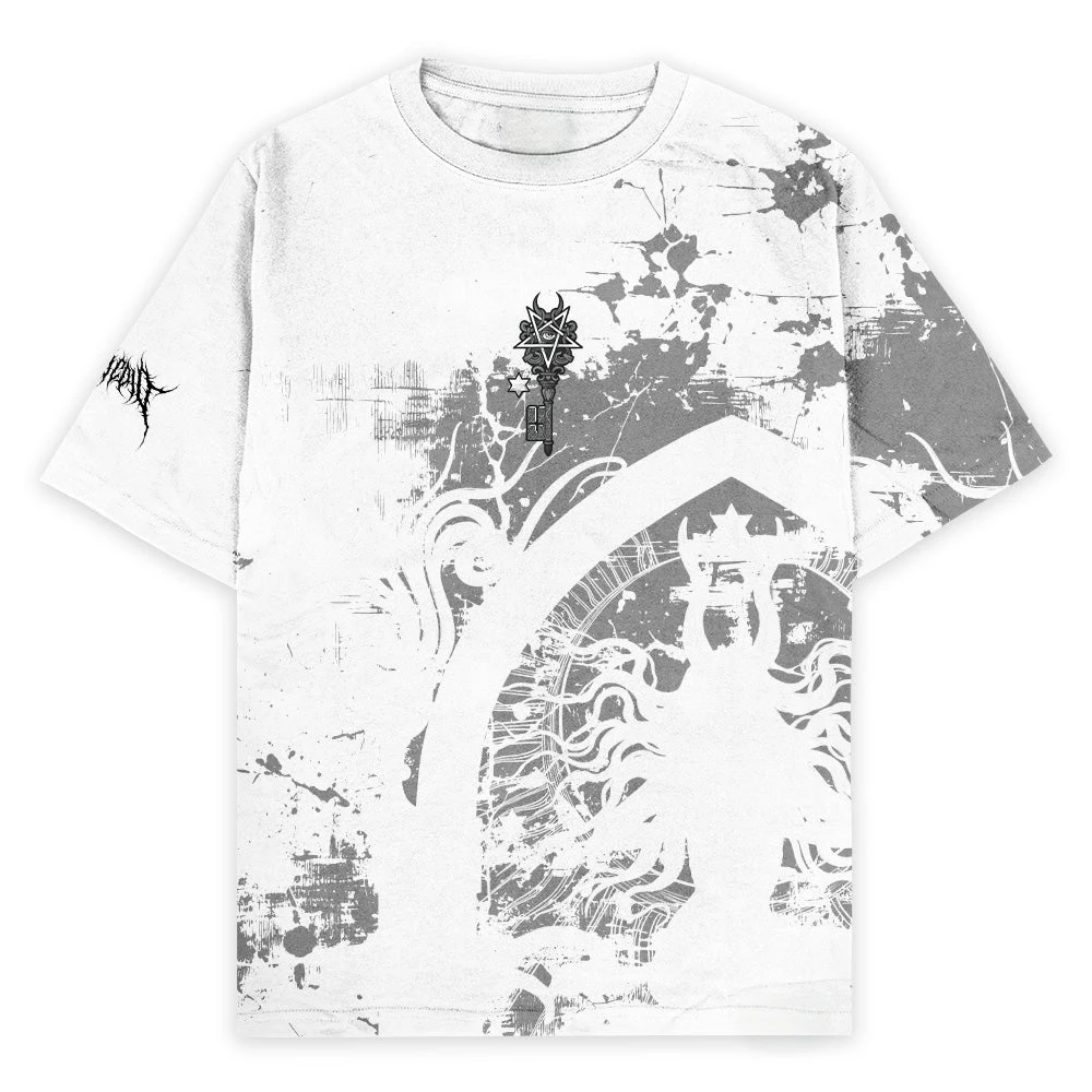 Gothic Arch Horned Goddess Goat Full Back Print Crewneck  Loose Short Sleeve T-Shirt Occult Streetwear Grunge Style Unisex Tee
