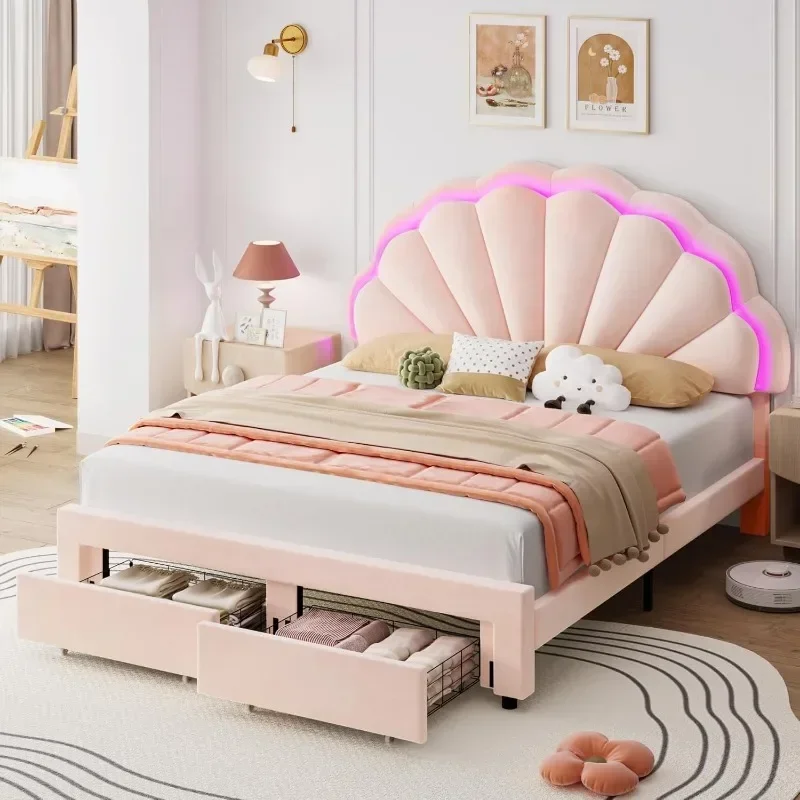 

Full Size Upholstered Smart LED Bed Frame with 2 Storage Drawers and Adjustable Headboard, Solid Wood Slats Support, Pink