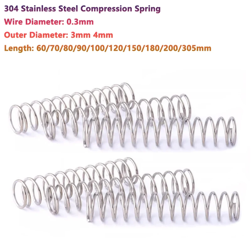 Wire Diameter 0.3mm 304 Stainless Steel Compression Spring Return Spring OD 3 4mm Length 60/70/80/90/100/120/150/180/200/305mm