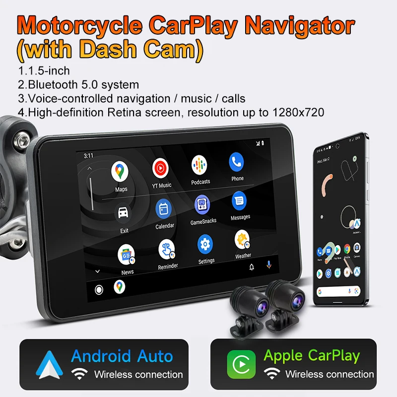 

Professional Motorcycle DVR 5 Inch HD Display Dual Cameras Wireless CarPlay Android Auto GPS Navigation with 128GB TF Card