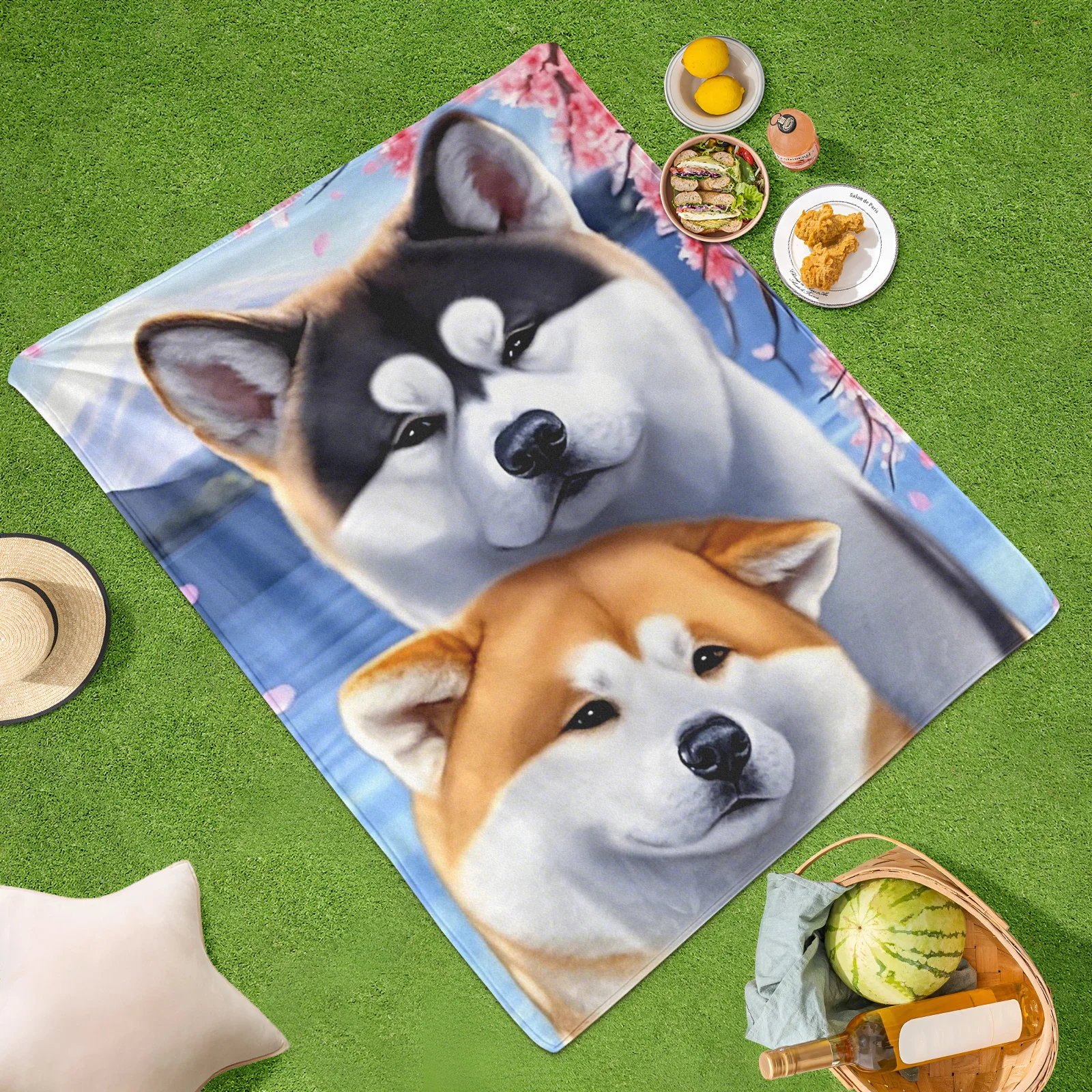 屋外の装飾や海岸をテーマにしたスペース用の桃の花と海のデザインの柴犬壁掛けブランケット