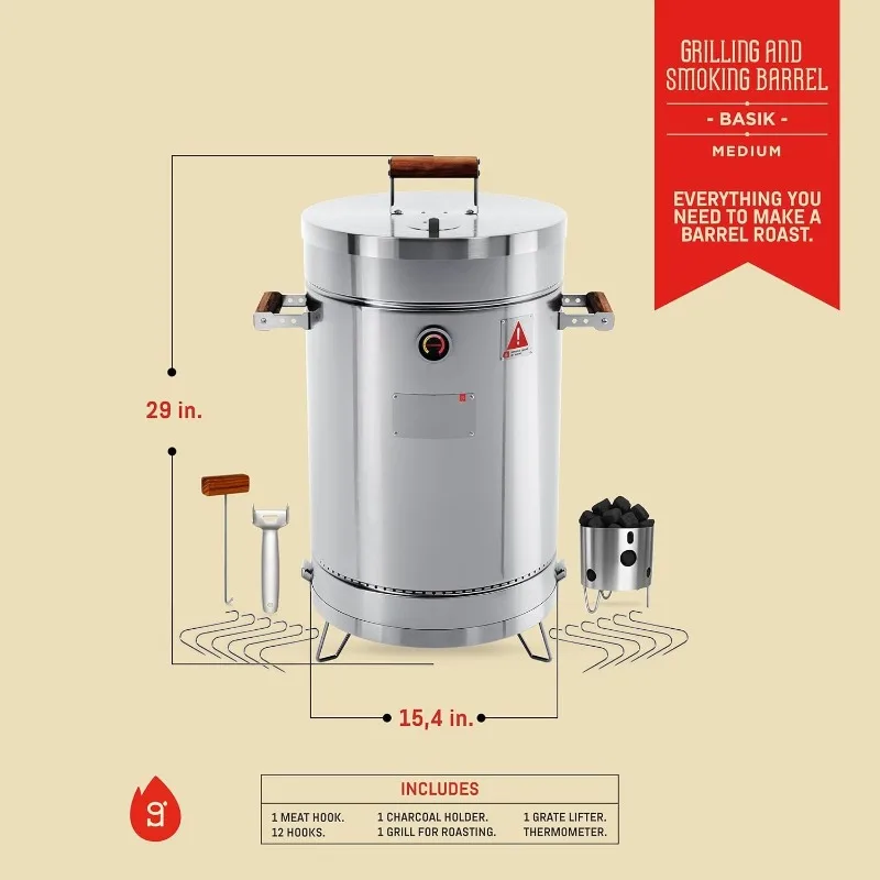 شواية أساسية 25 رطلاً - شواية مدخنة من الفولاذ المقاوم للصدأ 3 في 1 للطهي والمنزل والشواء - أسطوانة مدخنة عمودية محمولة للاستخدام في الهواء الطلق