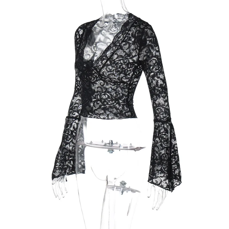 2026 frühling Sommer Langarm Crop Tops Frauen Club Durchsichtig Spitze Bodycon Schwarz Y2K T-Shirt Weibliche V-ausschnitt Kurze T-shirt Tops – Detail 22