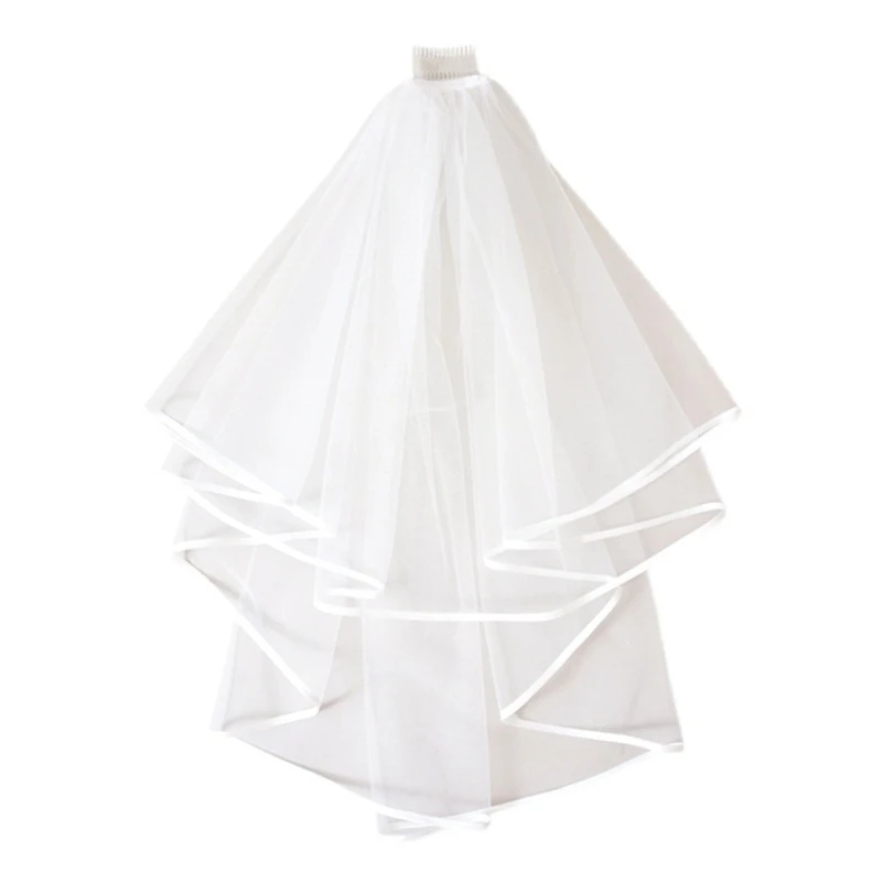 Double Layer Mesh Tulle Solid Color Women Short Wedding Veil with Comb Ribbon Edge Center Cascade Bride Party Headpiece