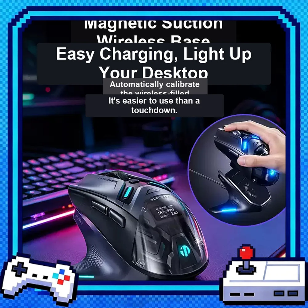 Inphic ZHEN Mouse Tri Mode Wireless PAW3950 Long Battery Life Gaming Mice OLED Display Magnetic Charging Base Office Accessories
