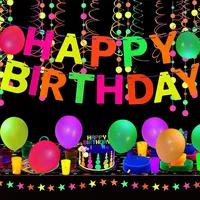 Blacklight Party Supplies Happy Birthday Banner Neon Balloon Glow in The Dark Wafer Stars Paper Garland UV Reactive Glow Tapes