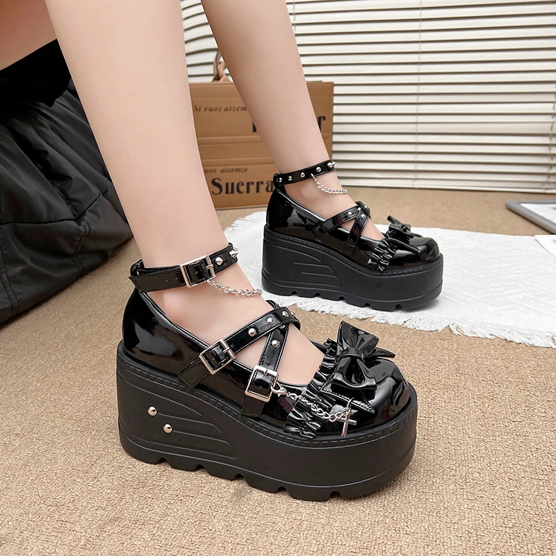 

Original Punk Style Mary janes Round Head Thick Bottom Platform Shoes Female Y2K Rivet Wedges Heel Women Girls Leather Pumps