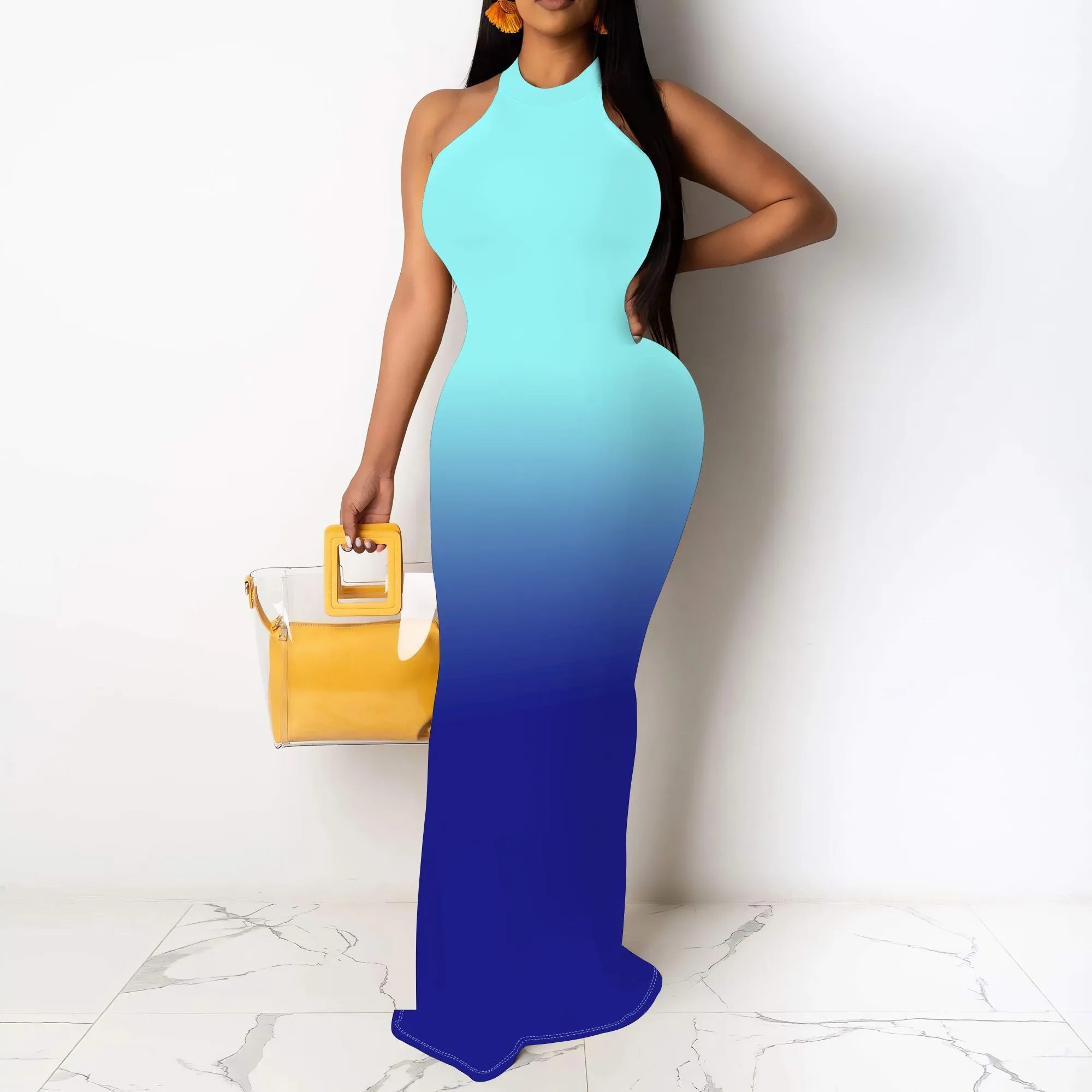 

Trendy Geometric Print Maxi Dress Colorful Halter Neck Bodycon Party Wear for Women