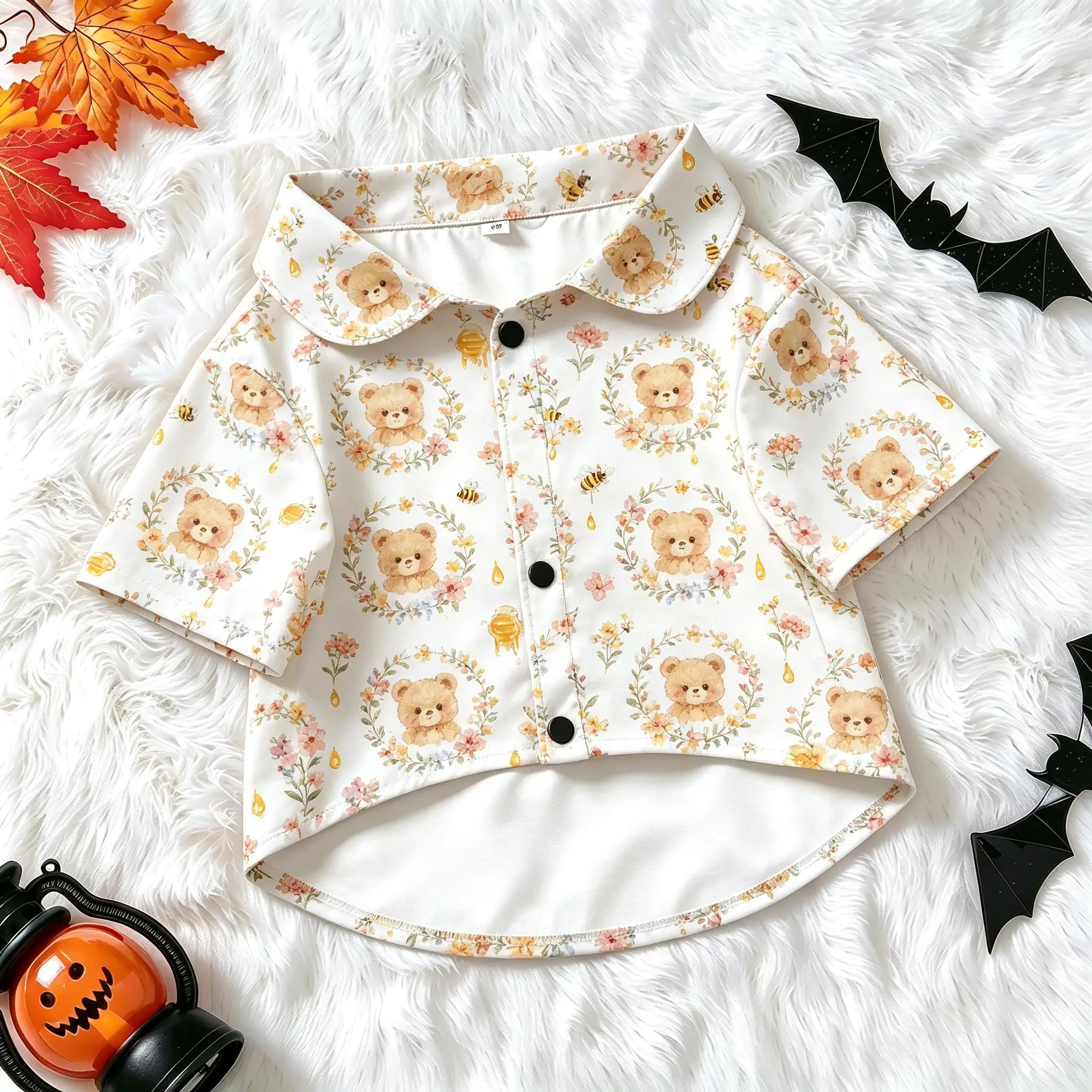 Pet Dog Shirt Bee Flower Wreath Teddy Bear Print Comfortable Button Up for Small Medium Girls Dogs Sweet Garden Theme Wear