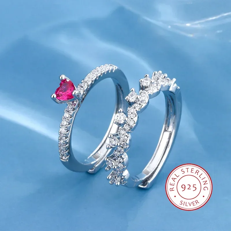 French Romantic Lace Single Row Red Corundum Love Ring 925 Silver 2 Pcs Stacked Ring Row Diamond Set Wedding Party Bridal Gift