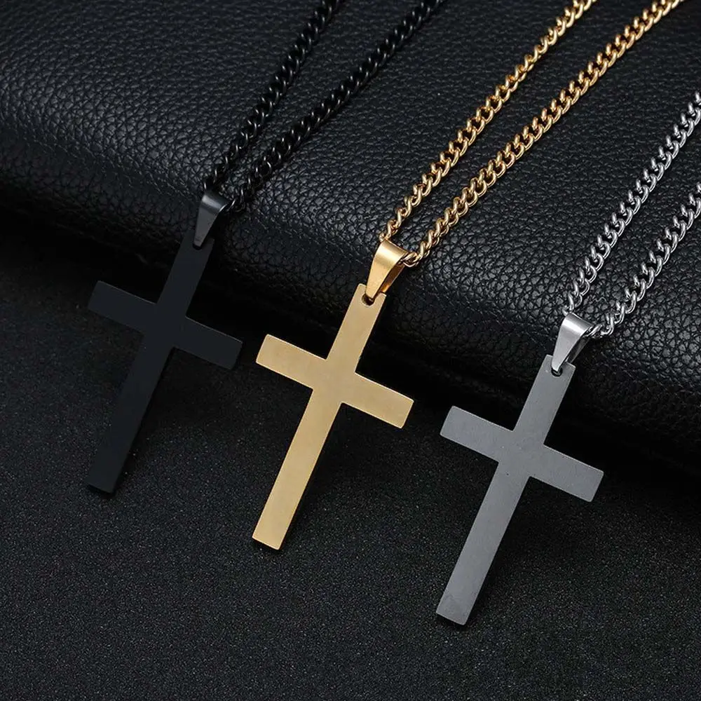 Regalo de fiesta para hombre, Color acero, minimalismo negro, cadenas de clavícula de Metal, collares cruzados, colgante de Cruz