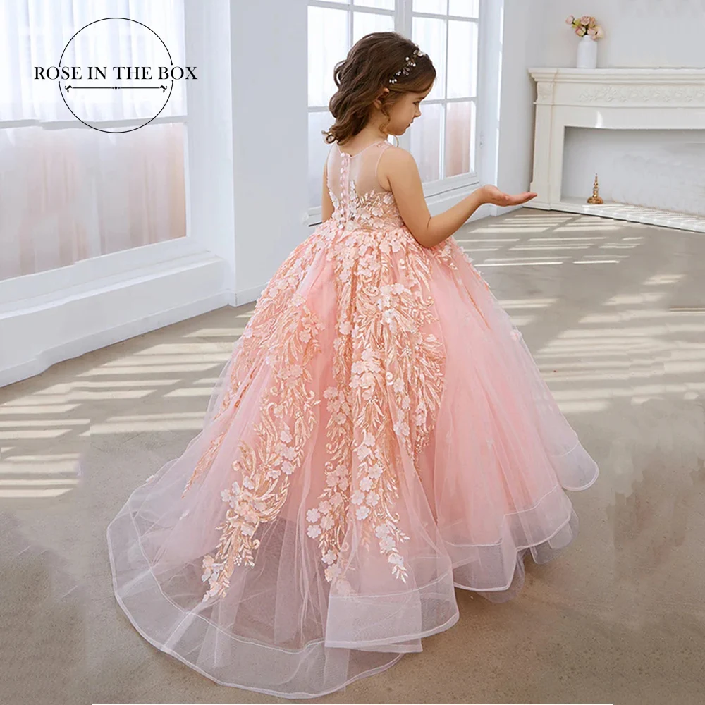 Vestido de baile princesa rosa pérola menina, Apliques de renda, Tule Longo, Maxi Flower Girl Dress, Aniversário de dama de honra infantil