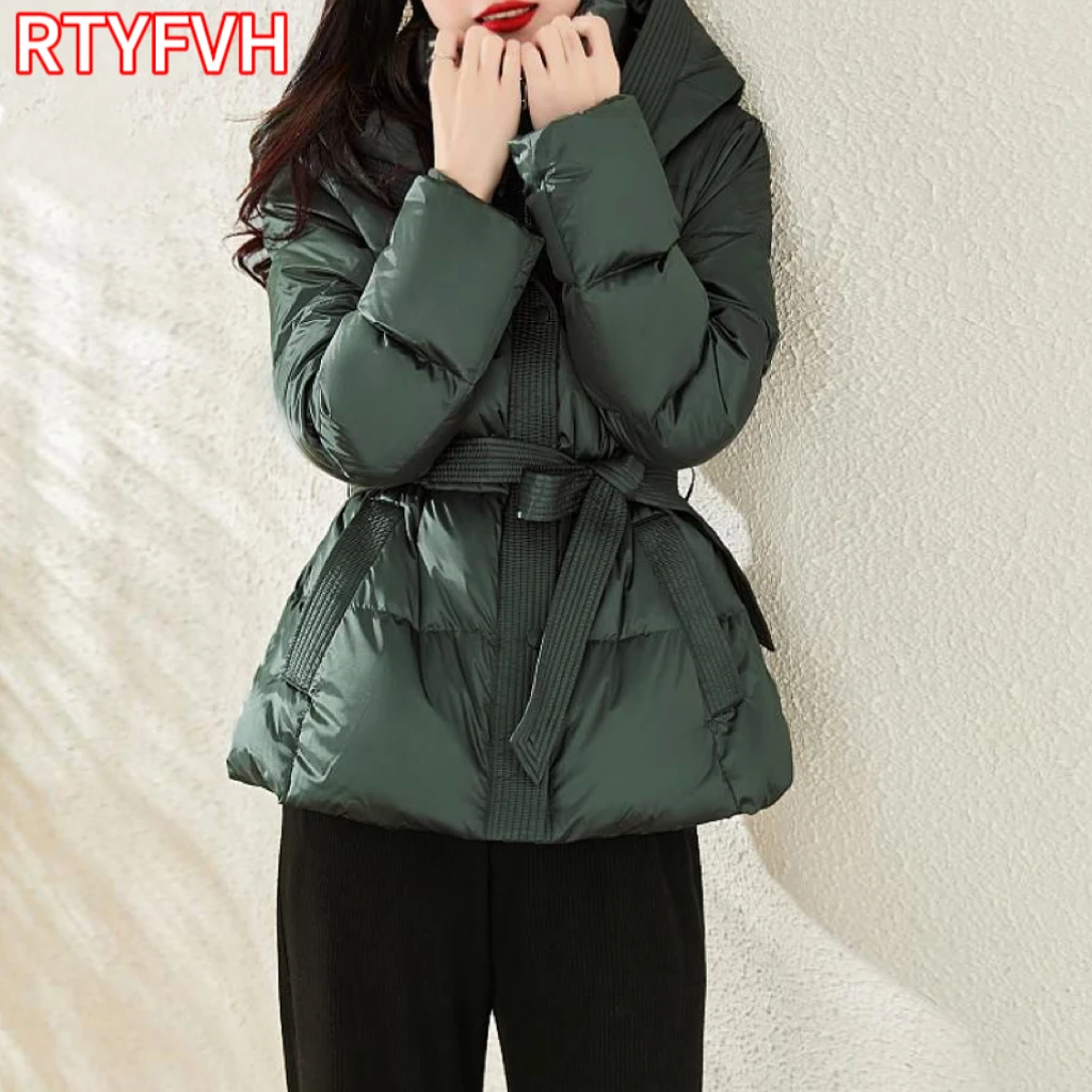 2024 Winter Women's Down Jackets Ultra Light Warm Casual Coat Female Puffer Jacket With a Belt Plus Size Hooded Parka Overcoat