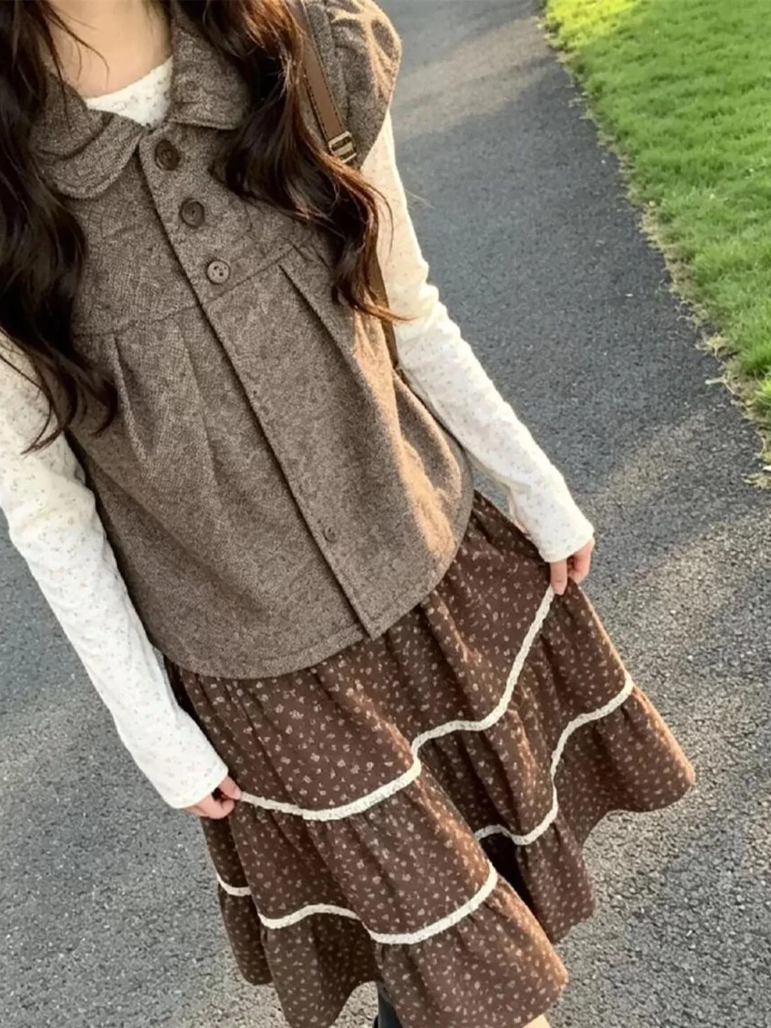 Korean Style College Girl's Doll Collar Lace Base Shirt Two-Piece Set Women's Autumn Layering High-End Feel Two-Piece Set