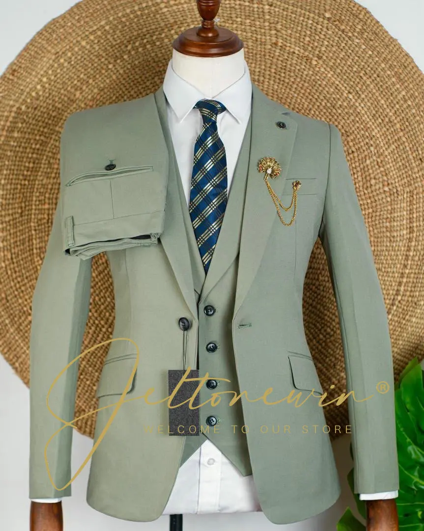 

Мужской зеленый костюм-тройка с курткой на двойных пуговицах и жилетом в тон, приталенная официальная одежда для свадебной вечеринки жениха