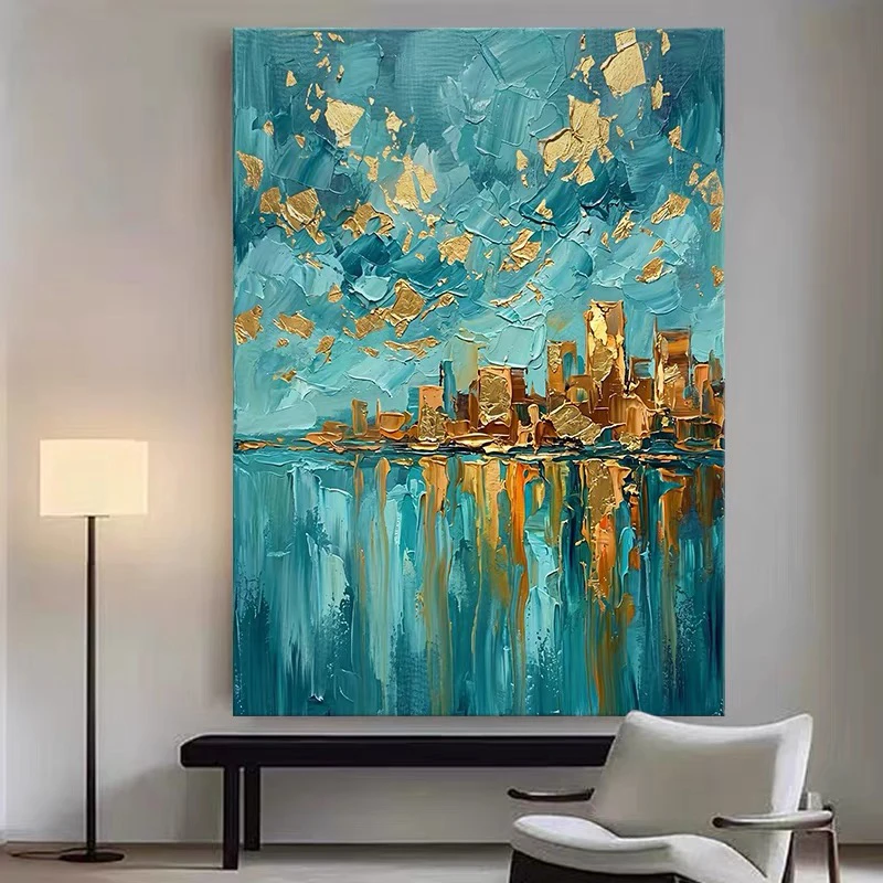 Light Luxury Blue Sea Golden City Pure Handmade Oil Painting On Canvas High Grade For Living Room Decoration Modern Entrance