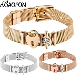 Silver Color Stainless Steel Mesh Bracelet Set Rose Gold Love Lock Beads Bracelet for Woman Girlfriend Fashion Jewelry Gift