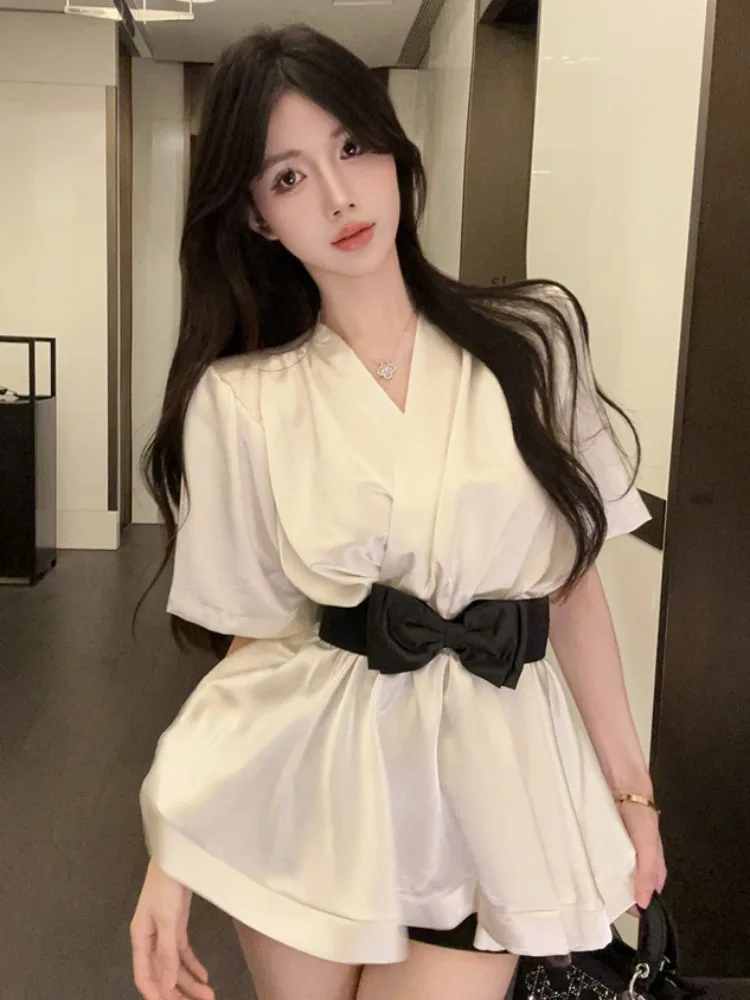 

Elegant Satin Knot Waist Belt V-Neck Shirt Women Summer New Loose Short Sleeve Top Fashionable Citywalk Breathable