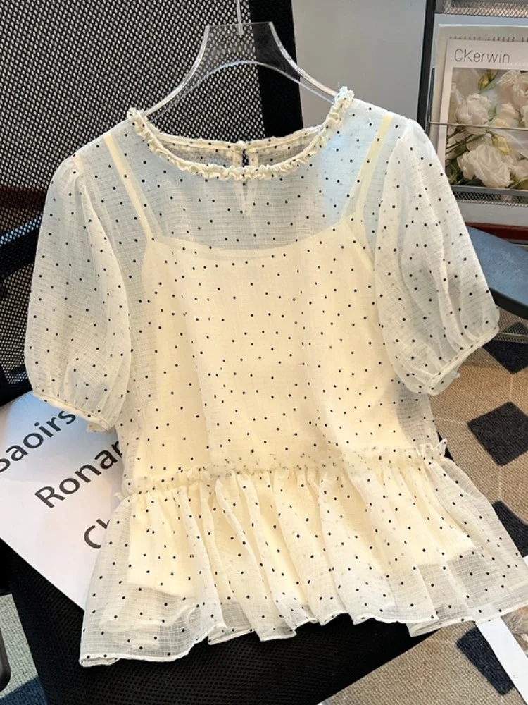 

Polka Dot Chiffon irt Women's ort Sve Strap Vest Two-Piece Set Layered Top Summer Commute Sle Loose Fit Gored Lace A...