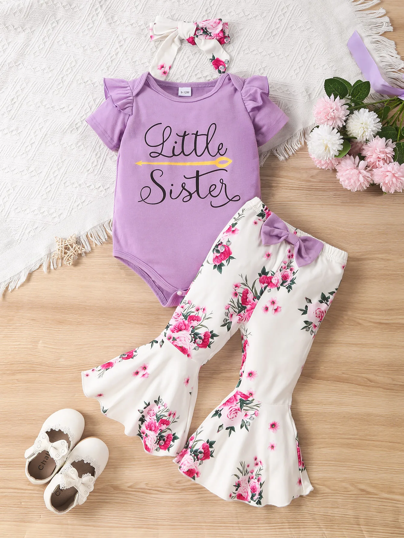 Baby Girl Summer Casual Cute Letter Print Small Flying Sleeve Triangle Top + Floral All-Over Printed Bow Bell Bottoms + Headscarf Three-Piece Set