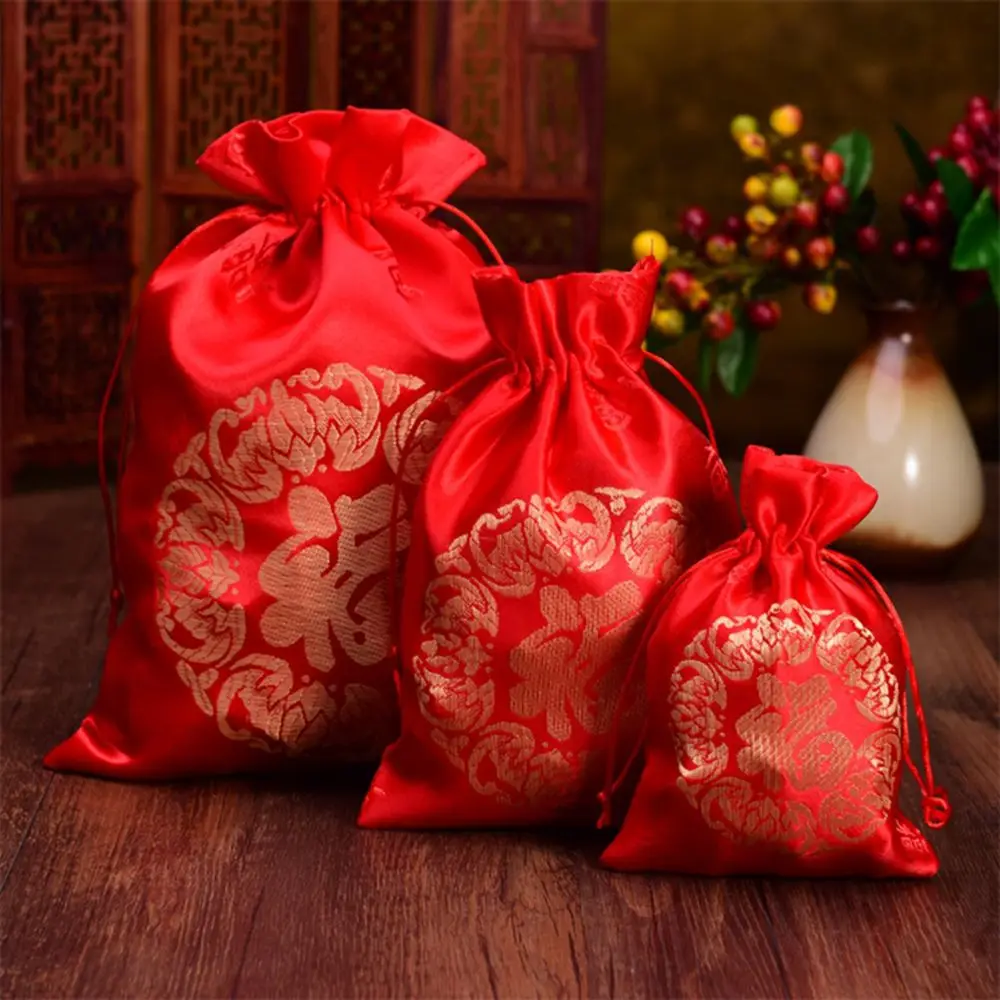 1pcs Chinese Silk Fu Bag New Year Lucky Bags Jewelry Drawstring Pouch Chinese Lucky Pouch Brocade CNY Candy Gift Bags