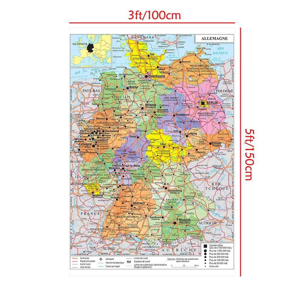 La germania mappa di trasporto 150*100 Cm mappa in francese Poster da parete vinile tela pittura materiale scolastico decorazione della casa