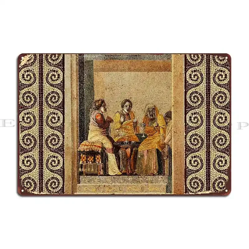 Mosaicos romanos antiguos, escena de teatro de comedia griega con máscaras, placas de carteles de Metal, decoración impresa, cartel de estaño para Club y Pub