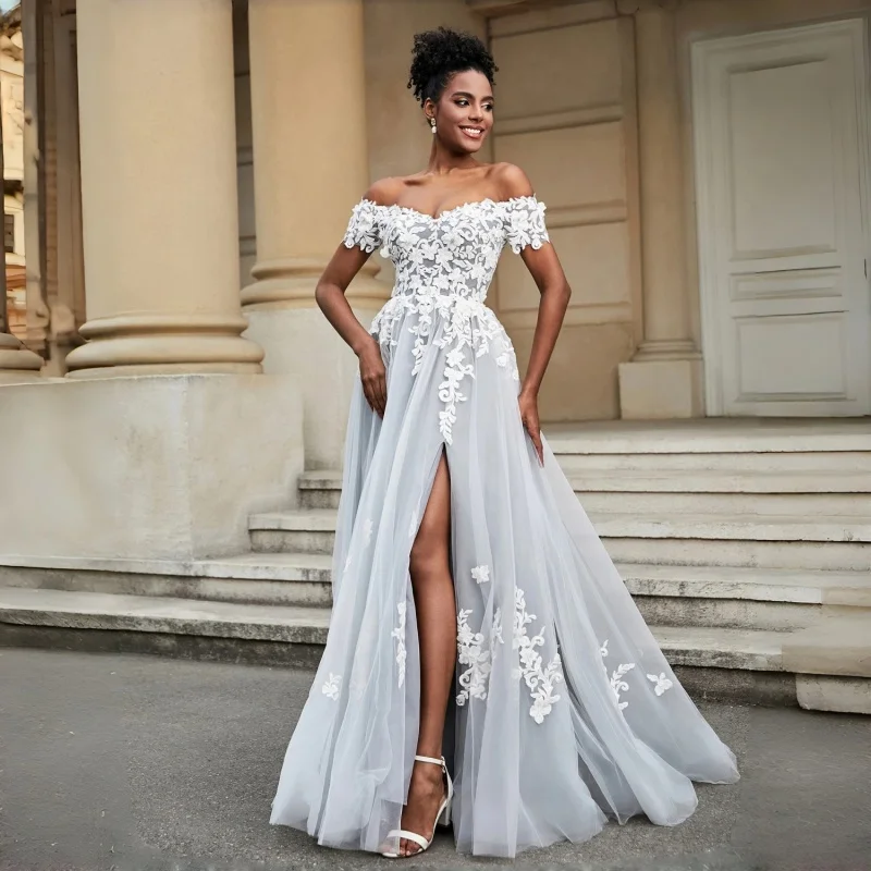 Grey Tulle A Line Wedding Dress Off The Shoulder Sweetheart Neckline Floral Lace Appliqués Chapel Train City Wedding Customizab