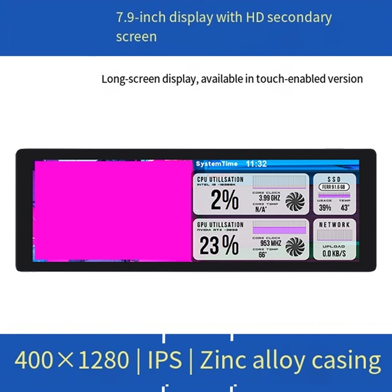 7.9 Inch Secondary Screen IPS Touch Monitor Stretched Bar LCD Display 1280X400 for Aida64 Sub CPU GPU Display Laptop
