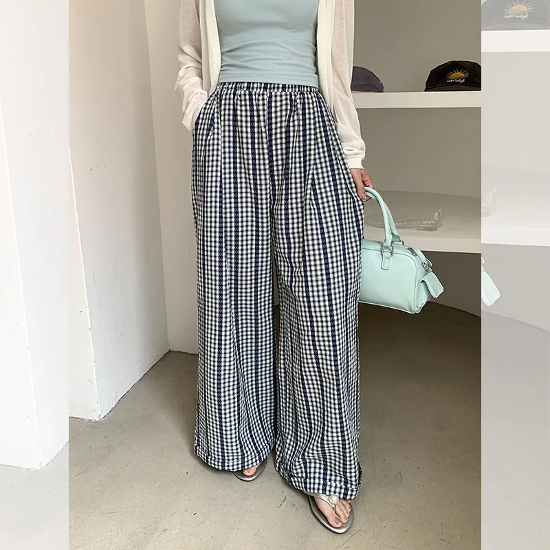 Pantaloni scozzesi Petite con design a righe in pizzo blu Donna 2025 Pantaloni lunghi dimagranti drappeggiati a vita alta nuovi estivi