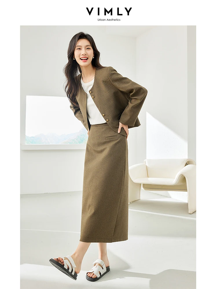 Vimly 2 Piece Sets Women Outfit O-neck Cropped Jacket Elastic Waist Split Maxi Skirt 2023 Autumn Office Lady Matching Sets 16075