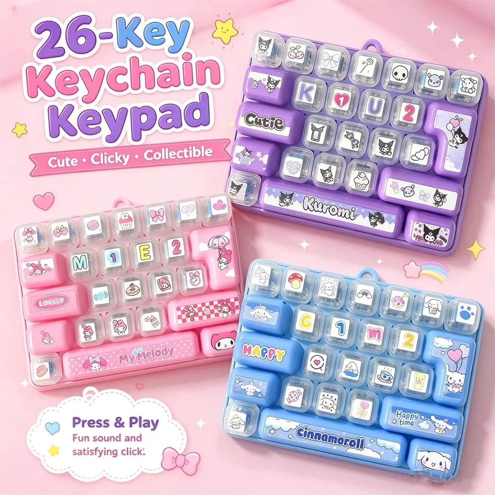 26-key Sanrio Kuromi Keycap Clicker Keychain Keyboard Key Caps Keychains for Bag Charms Cartoon Anti-stress Keycaps Pendant Gift