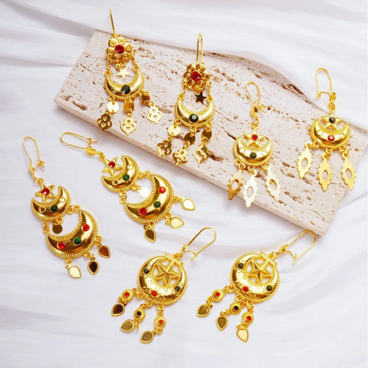 9999 Gold Middle East Cross-border Ear Rings - Bohemian Style Star and Moon Flowing Tassels Earrings