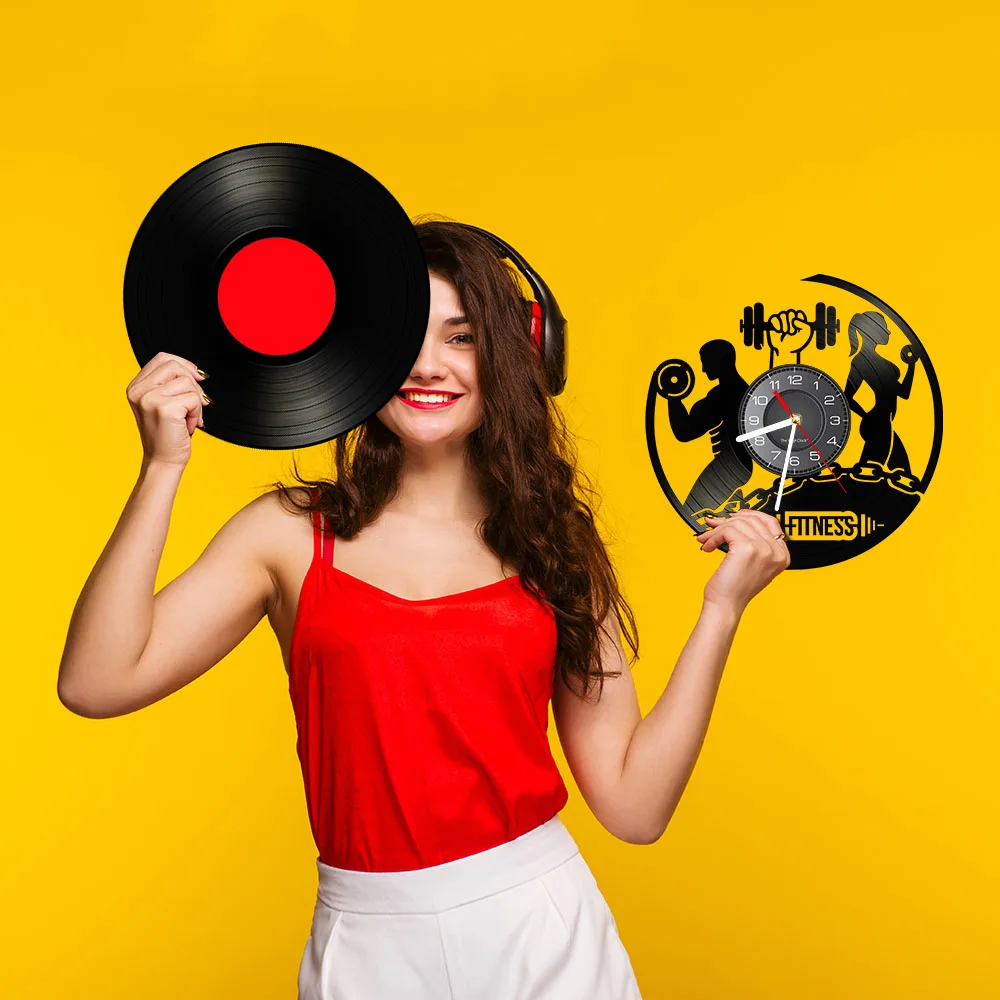 Fitness Vinyl Record Clock Sport Body Health Handmade Sports GYM Wall Art Bodybuilding Room Decor Dumbbell Vintage LP Wall Clock