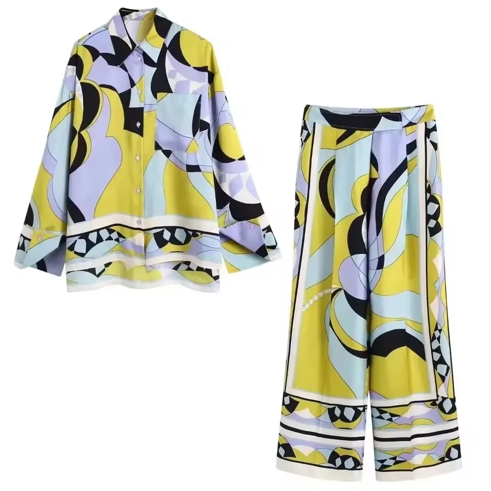 Print Women\'s Pajama Set Oversize Green Ladies Summer Sleepwear Trouser Suit Long Sleeve Vintage Pijama Suit For Female 2024