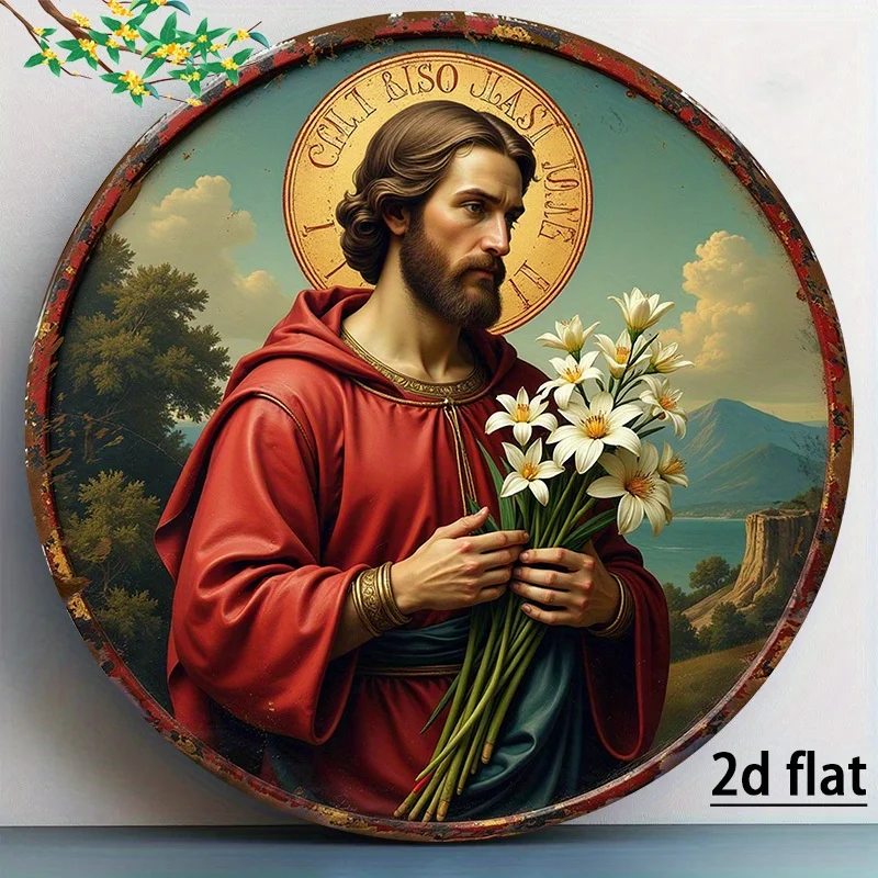 2D Vintage Metal Sign, St Joseph Lily Aluminum Wall Plaque, Retro Catholic Religious Medal Engraved Ornate Frame, for Home Garde