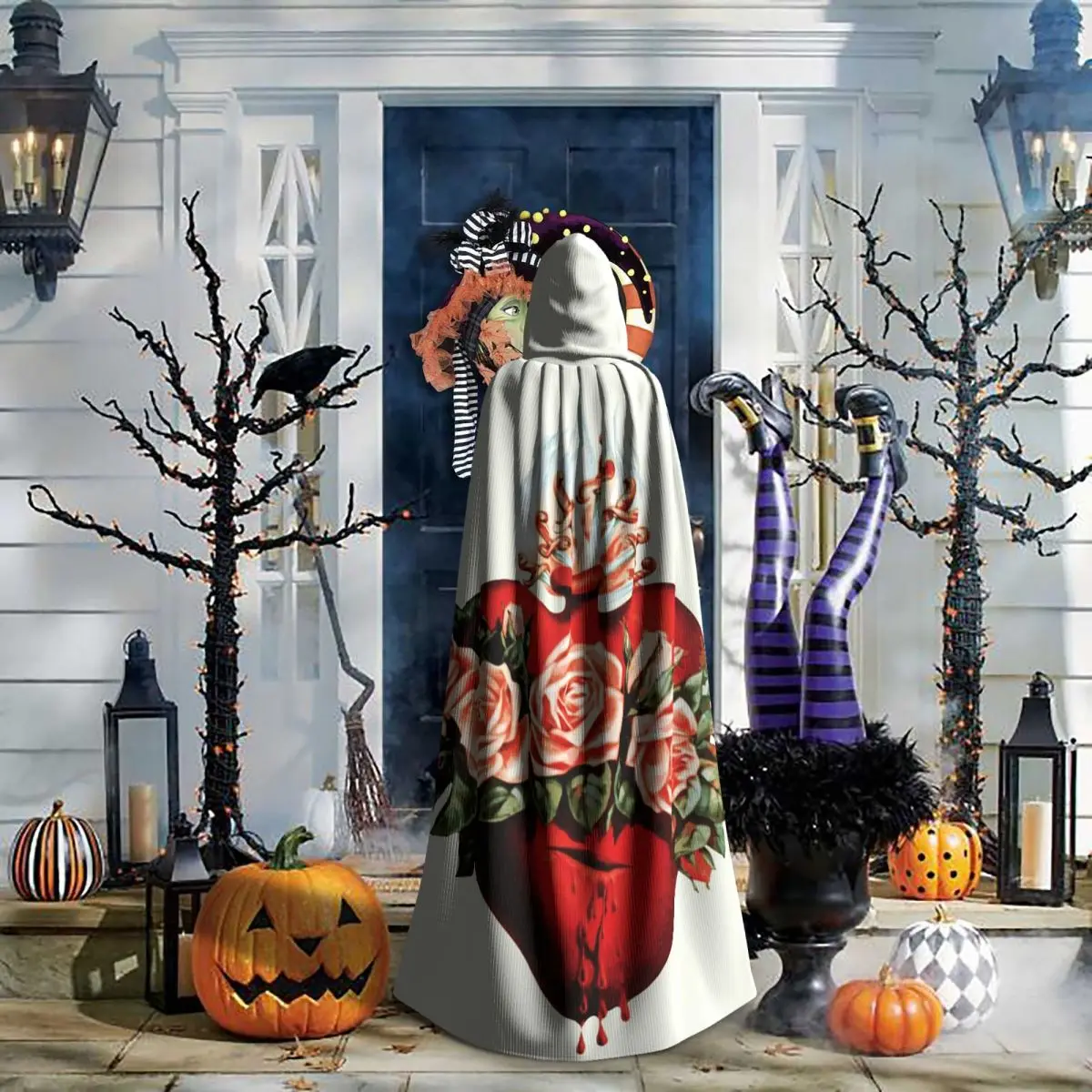 เสื้อคลุมยาวมีฮู้ดลายพระแม่มารี พระหฤทัยบริสุทธิ์ ชุดคอสเพลย์แม่มดยุคกลาง ผ้าคลุมฮาโลวีน แวมไพร์ สำหรับผู้ใหญ่ ทุกเพศ