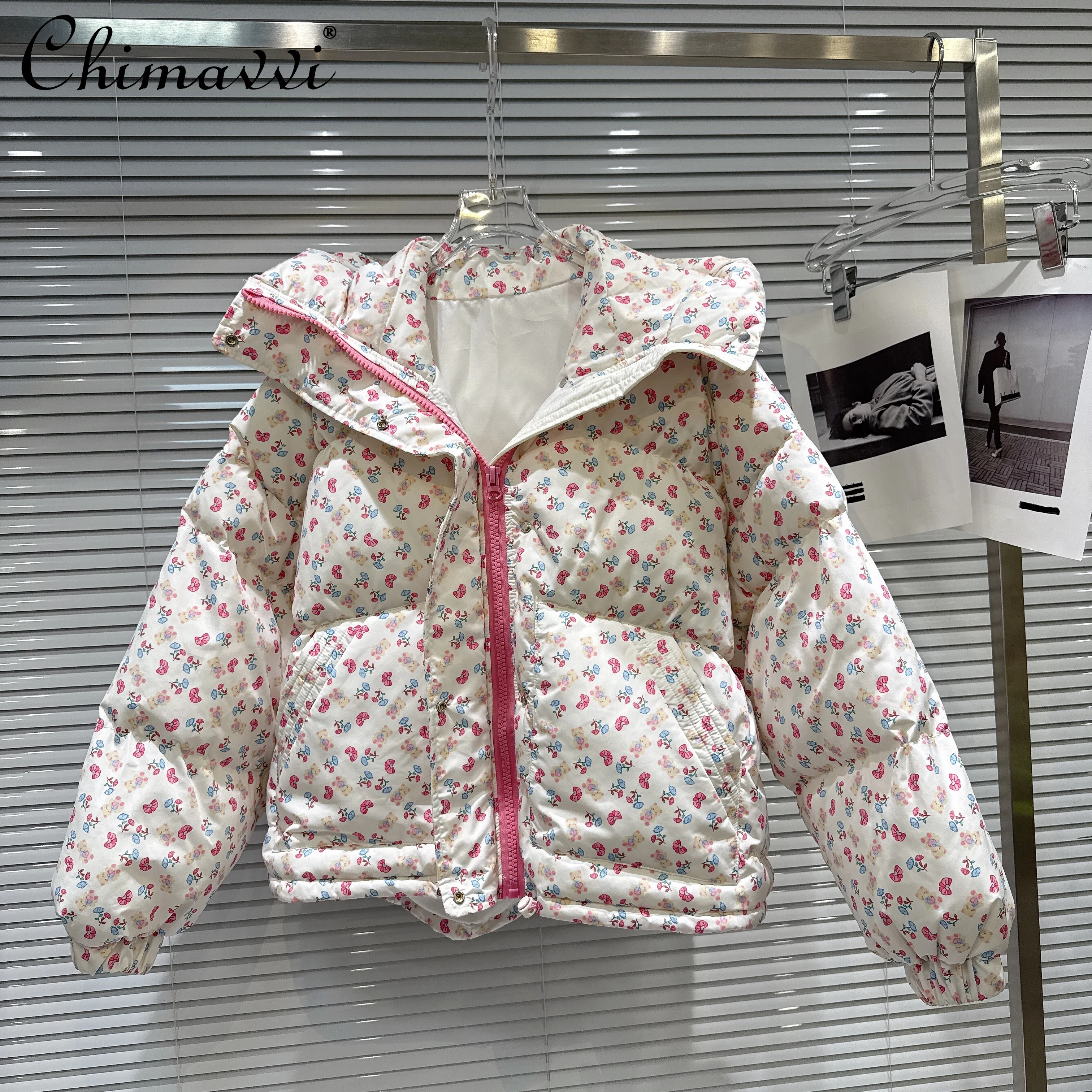 

French Elegant Sweet Floral Print Loose Warm Hooded Puffer Jacket Casual Loose Versatile Cotton Coat Parkas for Women Winter