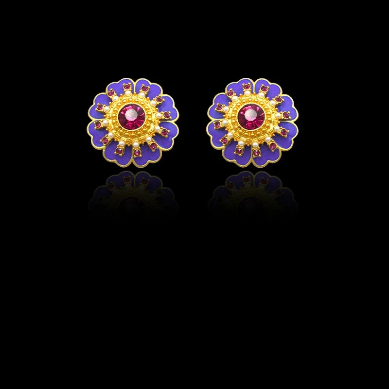 Medieval Vintage Palace Style Violet Flower Oil Drop Glass Pearl Paved Stud Earrings Light Luxury High-end Boho Style Earrings