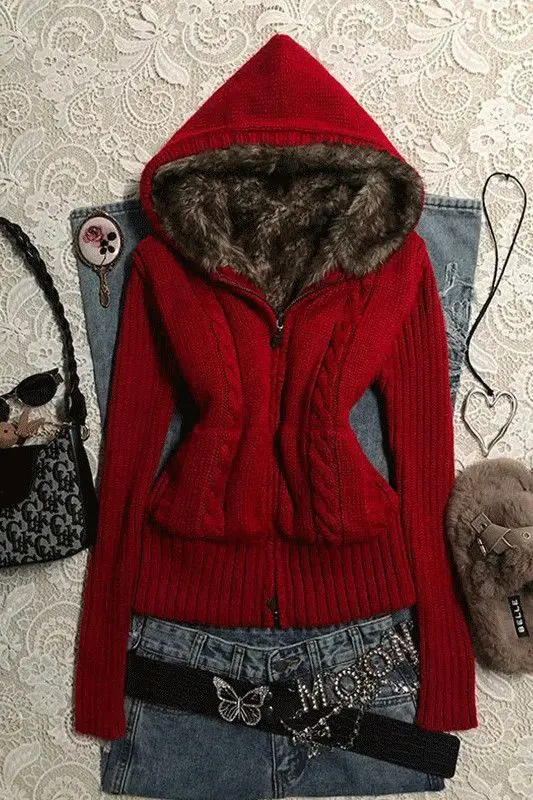 

Red Sweater, Cardigan Jacket Women's 2025 Autumn and Winter Outfit Top
