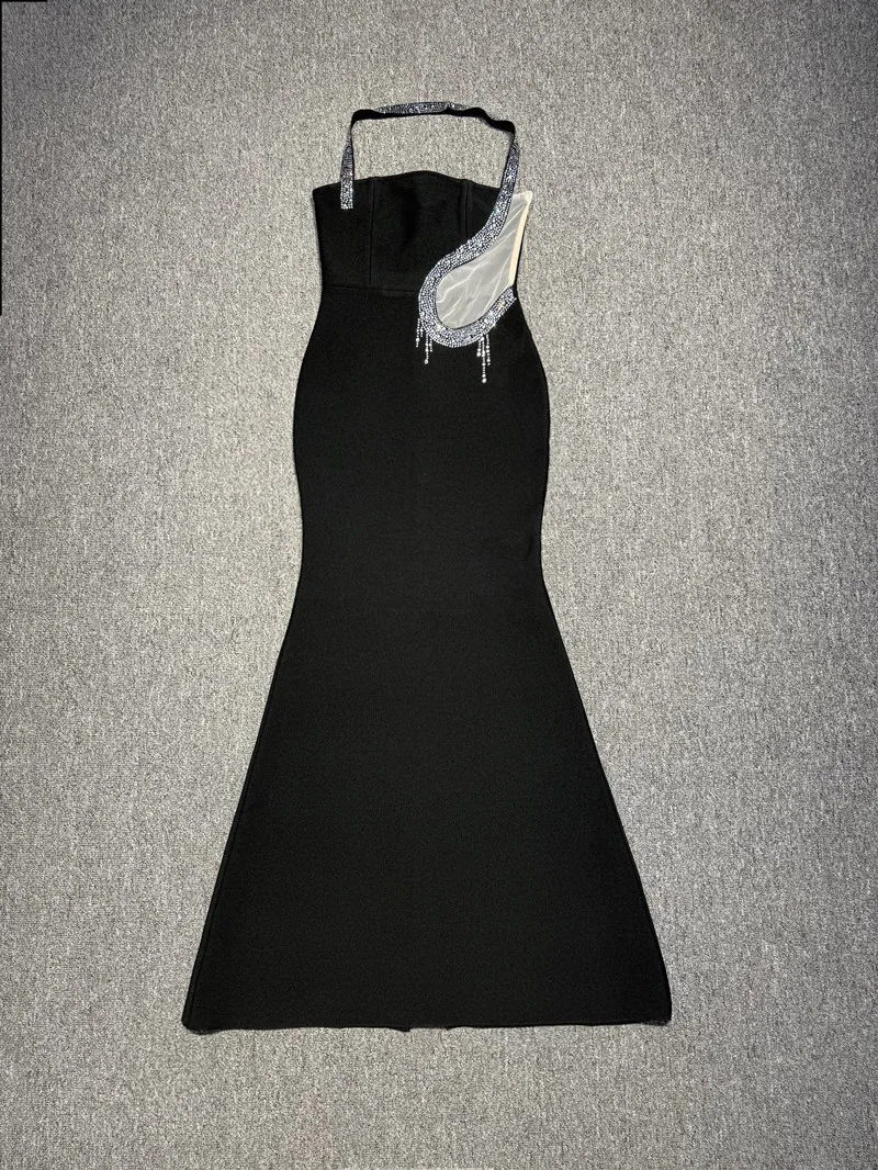

Women Luxury Formal Occassion Dress Elegant Diamonds Strape Halter Tulle Inset Maxi Long Elastic Bandage Dress Celebrity Evening