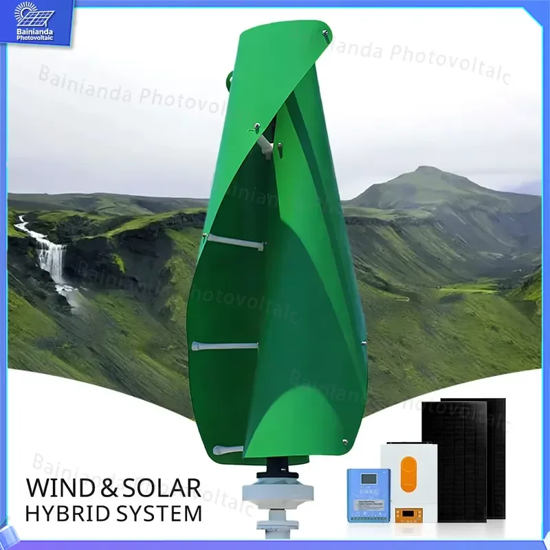 5kW 10kW Hybrid Solar Wind Turbine System Vertical Axis Spiral Wind Generator 12V 24V 48V Rooftop Power Kit for Home Farm Off