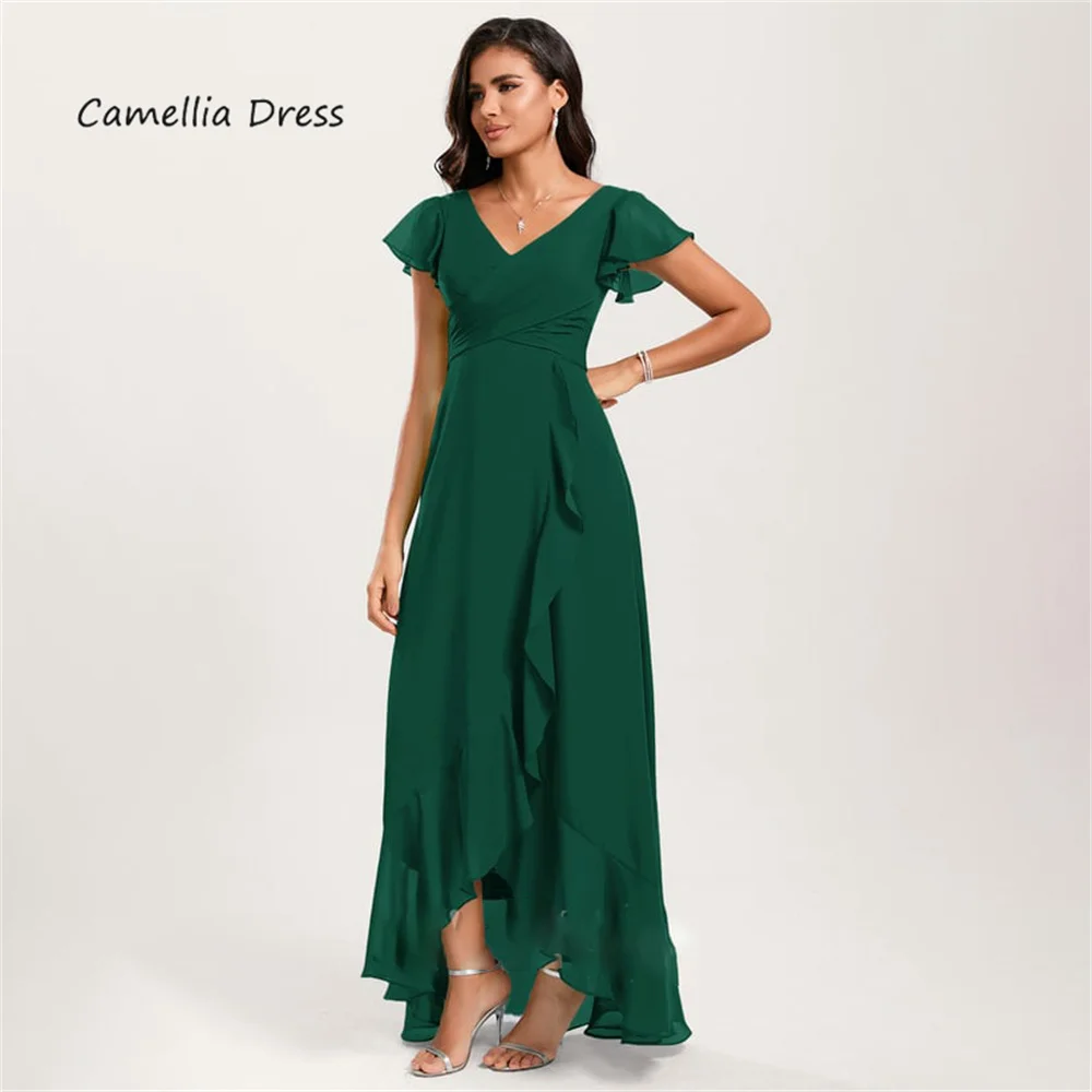 Elegant V Neck Mother Of The Bride Dress A Line Asymmetrical Formal Dresses With Ruffle Vestidos Mae Da Noiva Casamentos