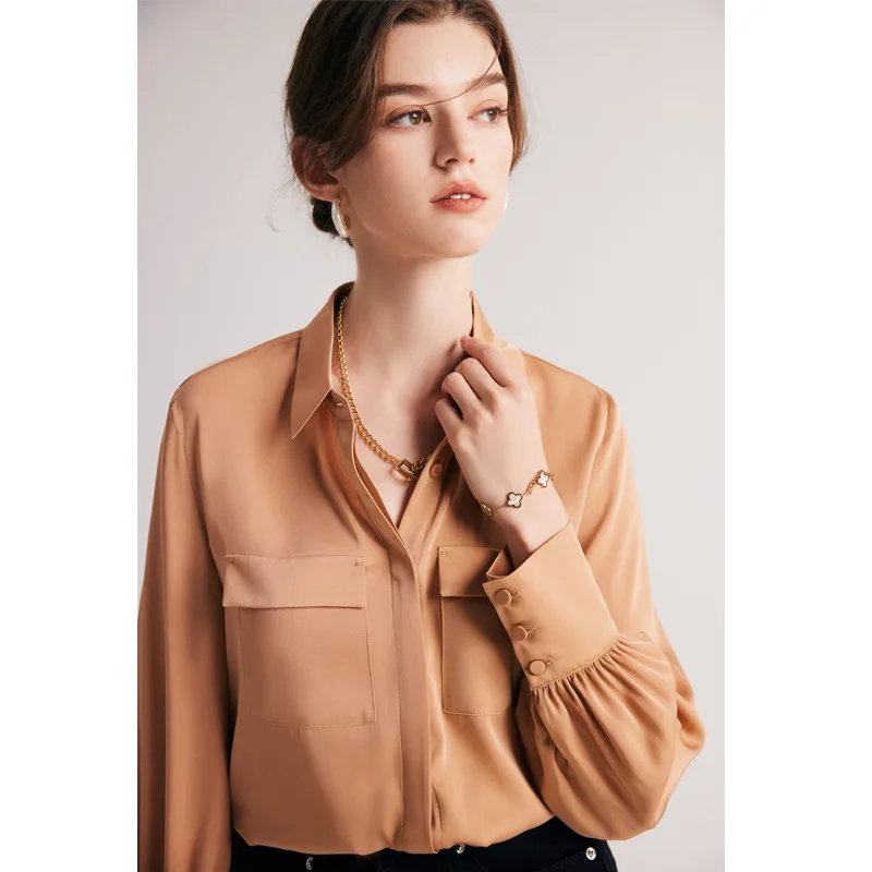 Women Shirt Casual Style 90% Silk 10% Spandex Blouse Solid 4 Colors Single-breasted Turn Down Neck Long Sleeve New Fashion