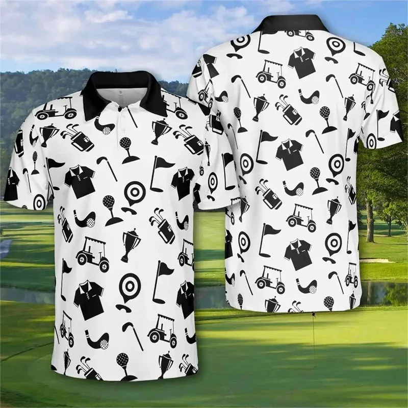 

3D printed golf shirts, men's skull pattern sportswear, summer casual vacation short-sleeved sports lapel tops, streetwear