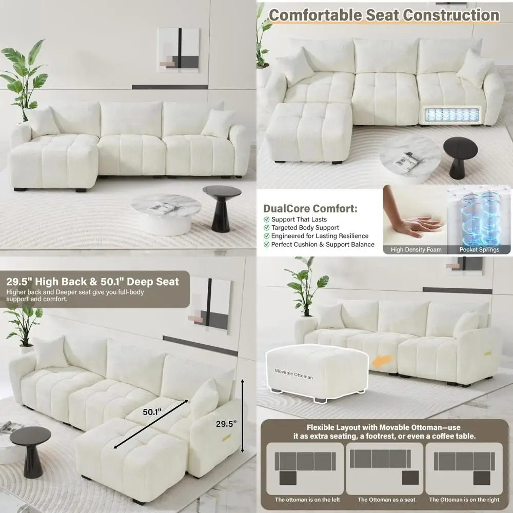 

Современный секционный диван L-образной формы 110 с облачным комфортом, тафтинговым 4-местным глубоким сиденьем, пуфиком и подушками для гостиных