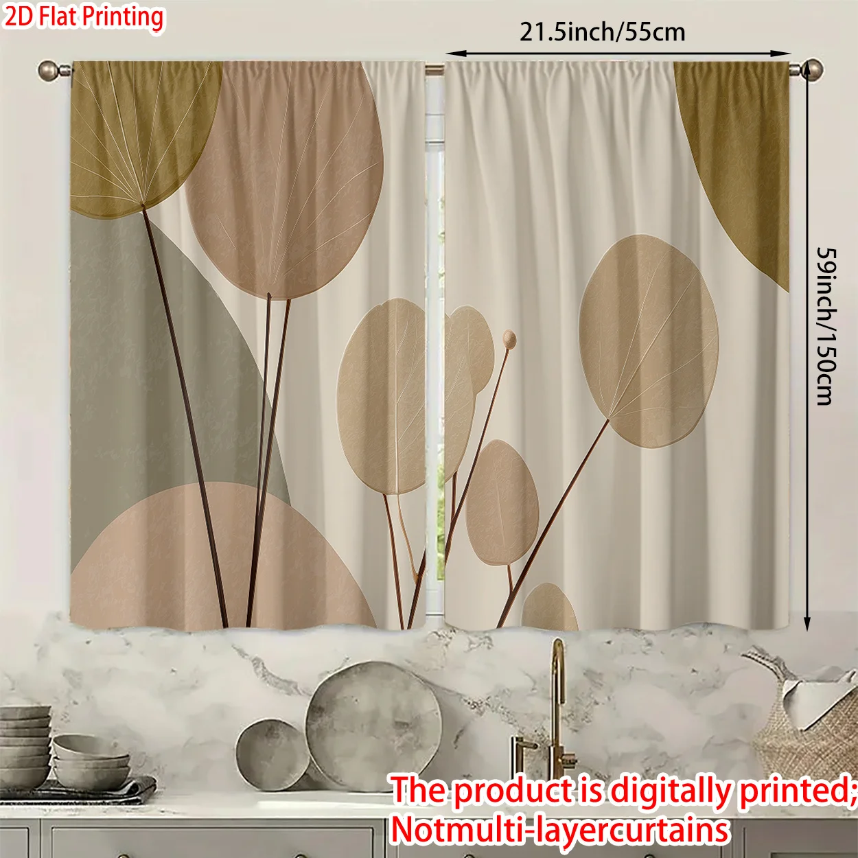 Minimalist Botanical Abstract Curtain Pair Earth Tone Beige Leaf Print Drapes Lightweight Window Curtains for Living Room Home