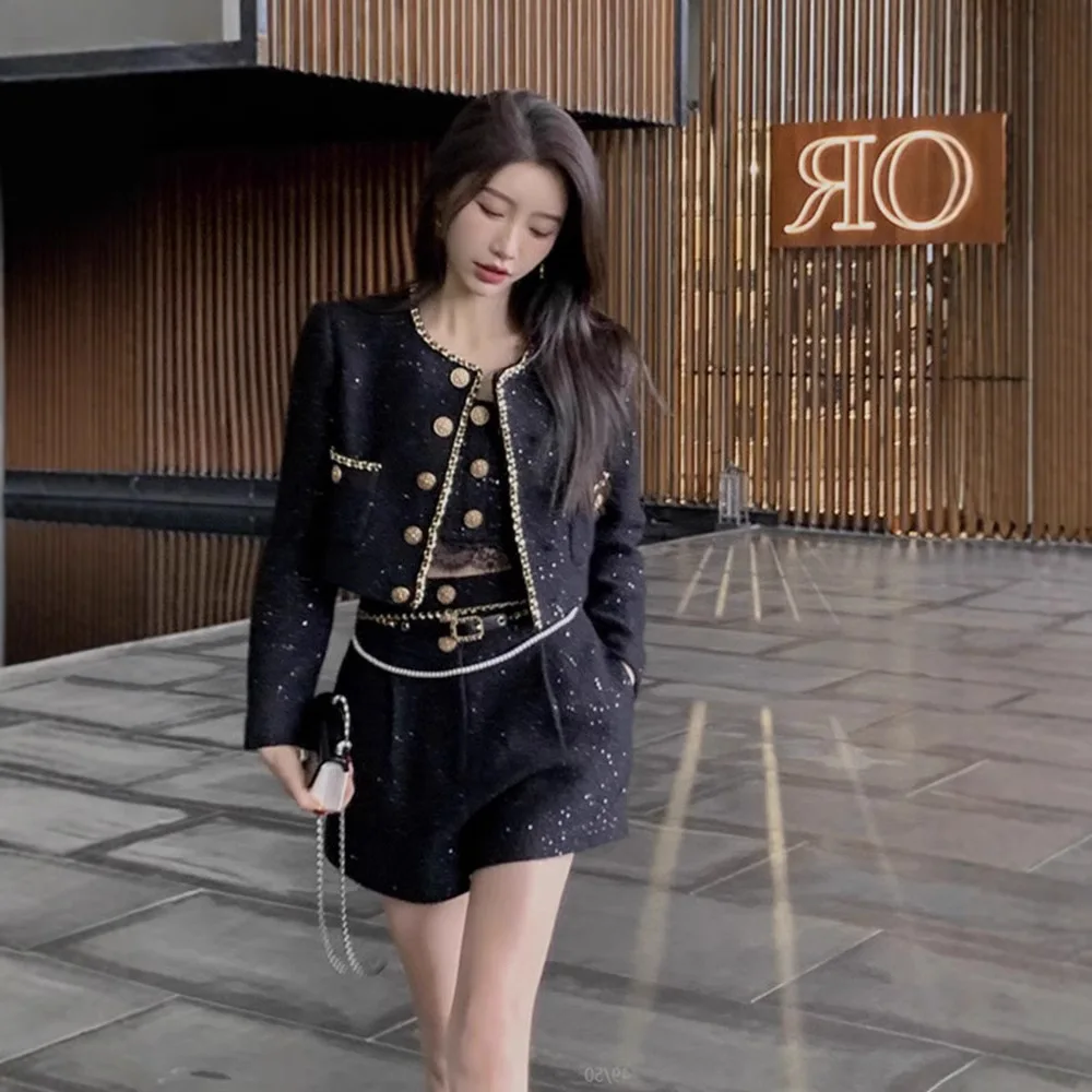 

Твидовый жакет женский зимний в стиле Харадзюку, молодежный, кавайный, с короткими рукавами, декорированный, эластичный силуэт, с завязками и бахромой на манжетах